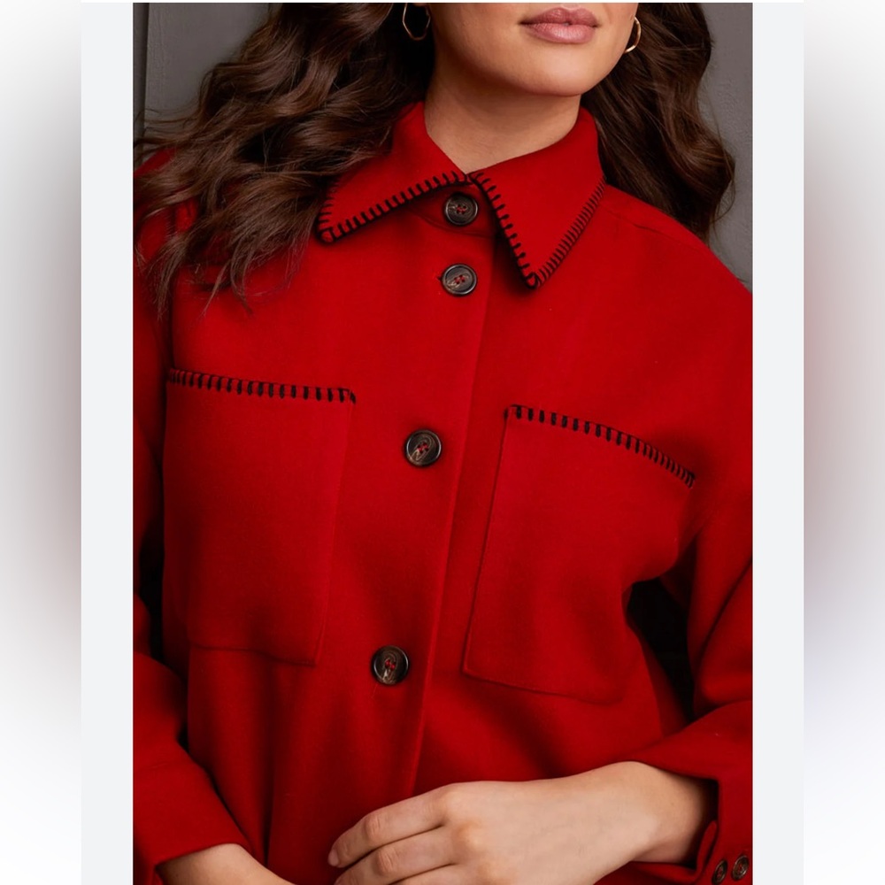 Tribal Red Pea Coat with Black Stitching Detail